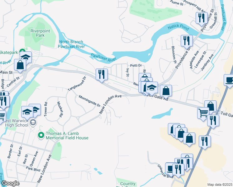 map of restaurants, bars, coffee shops, grocery stores, and more near in West Warwick