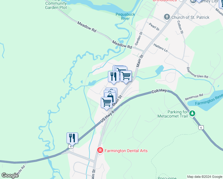 map of restaurants, bars, coffee shops, grocery stores, and more near 130 Wellington Drive in Farmington