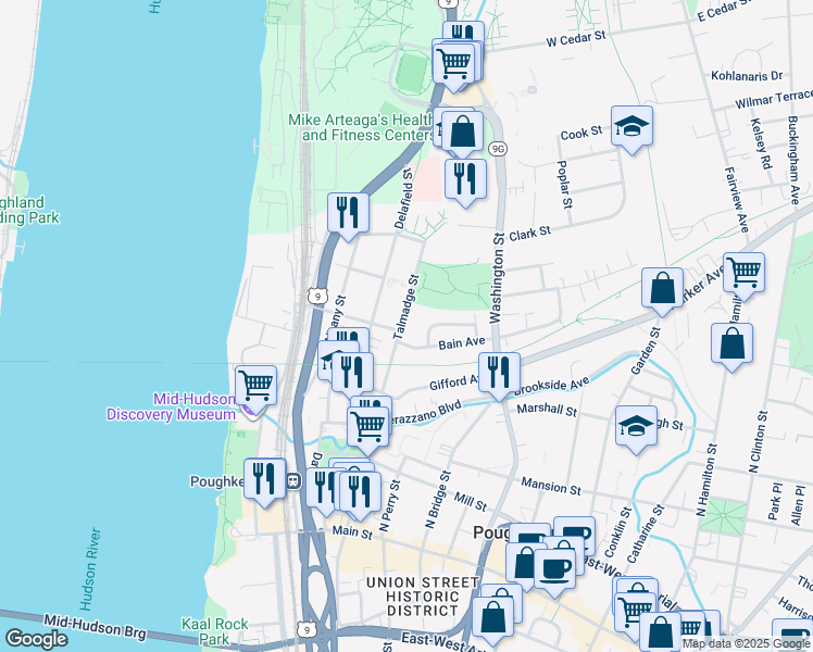 map of restaurants, bars, coffee shops, grocery stores, and more near 59 Talmadge Street in Poughkeepsie