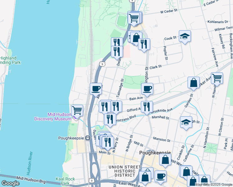 map of restaurants, bars, coffee shops, grocery stores, and more near 59 Talmadge Street in Poughkeepsie