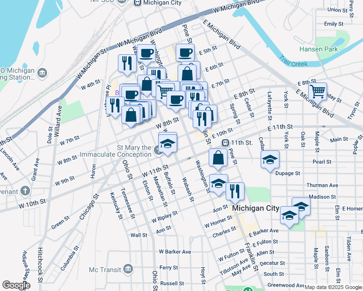 map of restaurants, bars, coffee shops, grocery stores, and more near 907 Washington Street in Michigan City