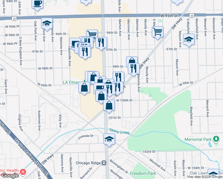 map of restaurants, bars, coffee shops, grocery stores, and more near 6321 West 99th Street in Oak Lawn