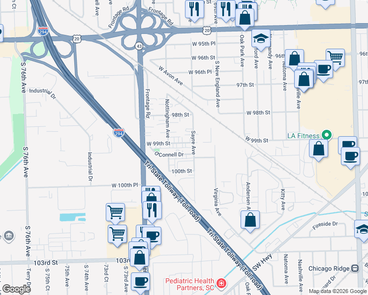 map of restaurants, bars, coffee shops, grocery stores, and more near 7010 West 99th Street in Chicago Ridge