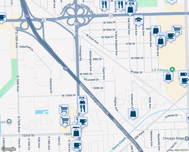 map of restaurants, bars, coffee shops, grocery stores, and more near 7010 West 99th Street in Chicago Ridge