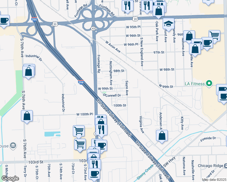 map of restaurants, bars, coffee shops, grocery stores, and more near 7100 West 99th Street in Chicago Ridge