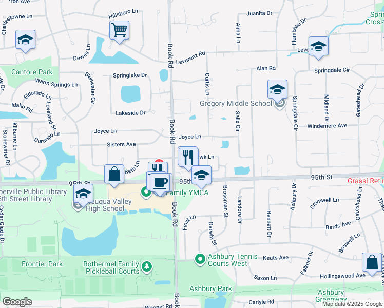 map of restaurants, bars, coffee shops, grocery stores, and more near 1931 Tamahawk Lane in Naperville