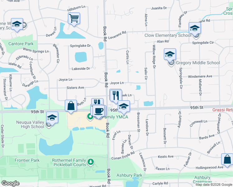 map of restaurants, bars, coffee shops, grocery stores, and more near 1931 Tamahawk Lane in Naperville