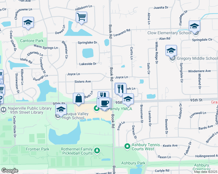 map of restaurants, bars, coffee shops, grocery stores, and more near 1951 Tamahawk Lane in Naperville