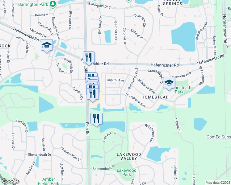 map of restaurants, bars, coffee shops, grocery stores, and more near 2527 Congress Avenue in Aurora