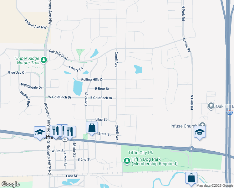 map of restaurants, bars, coffee shops, grocery stores, and more near 551 East Bear Drive in Tiffin