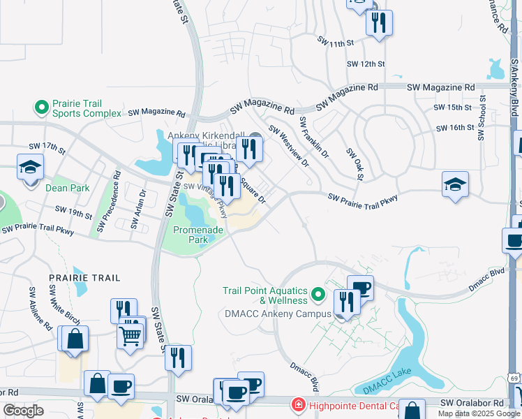 map of restaurants, bars, coffee shops, grocery stores, and more near Southwest Merchant Street in Ankeny