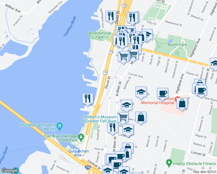map of restaurants, bars, coffee shops, grocery stores, and more near 609 Davol Street in Fall River