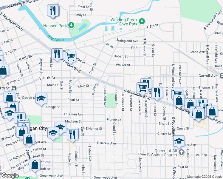 map of restaurants, bars, coffee shops, grocery stores, and more near 1201 East Michigan Boulevard in Michigan City