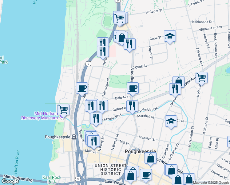 map of restaurants, bars, coffee shops, grocery stores, and more near 31 Vernon Terrace in Poughkeepsie