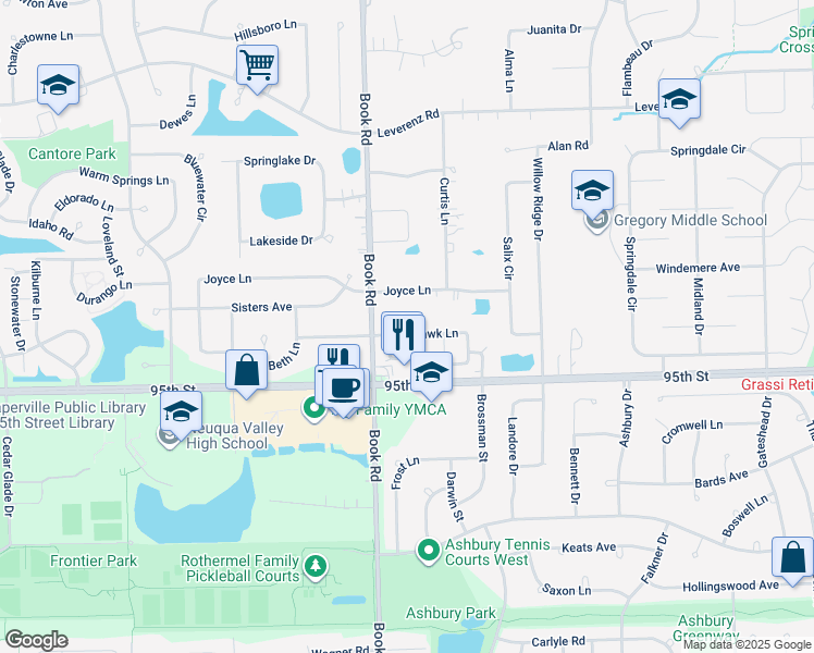 map of restaurants, bars, coffee shops, grocery stores, and more near 1931 Tamahawk Lane in Naperville