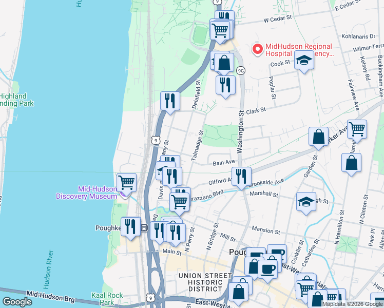 map of restaurants, bars, coffee shops, grocery stores, and more near 59 Talmadge Street in Poughkeepsie