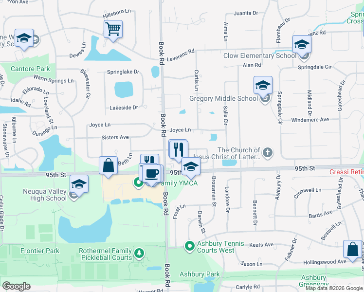 map of restaurants, bars, coffee shops, grocery stores, and more near 1931 Tamahawk Lane in Naperville