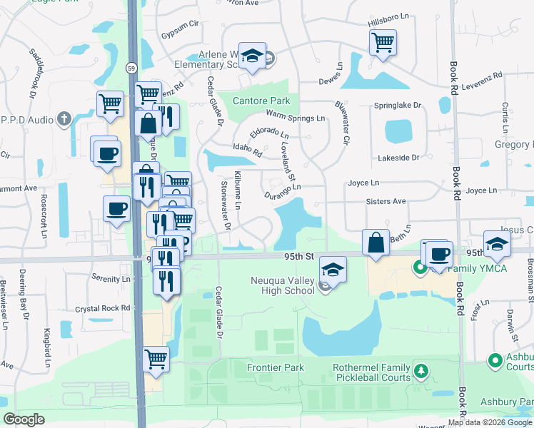 map of restaurants, bars, coffee shops, grocery stores, and more near 205 Saint Albans Circle in Naperville