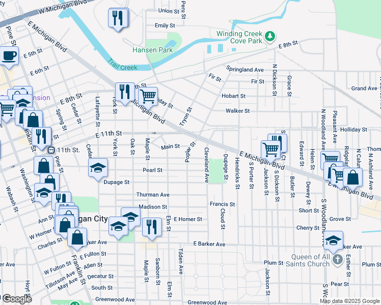 map of restaurants, bars, coffee shops, grocery stores, and more near 200 Poplar Street in Michigan City