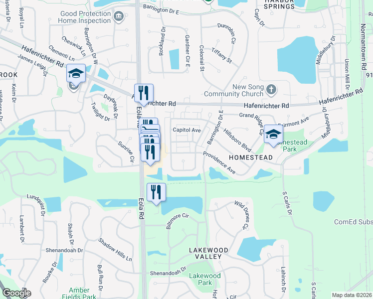 map of restaurants, bars, coffee shops, grocery stores, and more near 2527 Congress Avenue in Aurora
