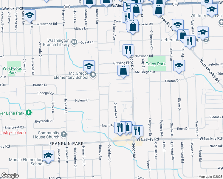 map of restaurants, bars, coffee shops, grocery stores, and more near 5258 Oakridge Drive in Toledo