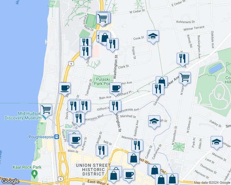 map of restaurants, bars, coffee shops, grocery stores, and more near 139 New York 9G in Poughkeepsie