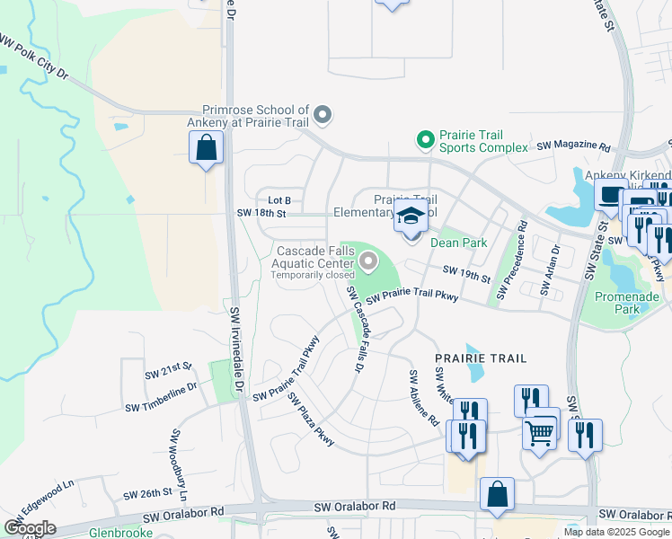 map of restaurants, bars, coffee shops, grocery stores, and more near 1928 Southwest Cascade Falls Drive in Ankeny