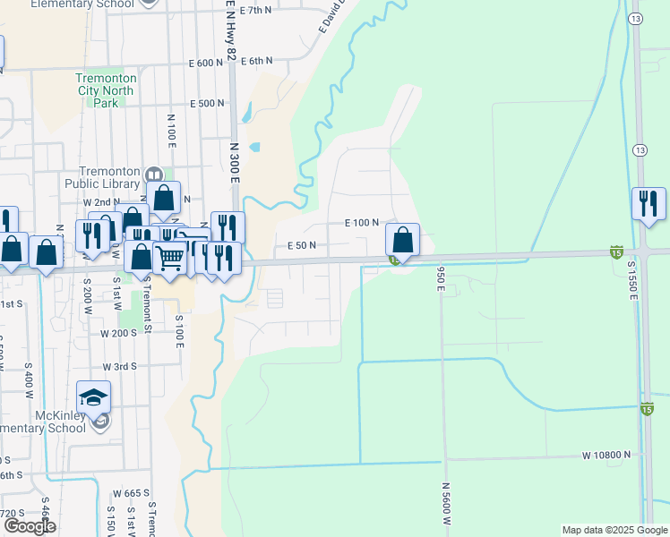 map of restaurants, bars, coffee shops, grocery stores, and more near 21 Amber Avenue in Tremonton