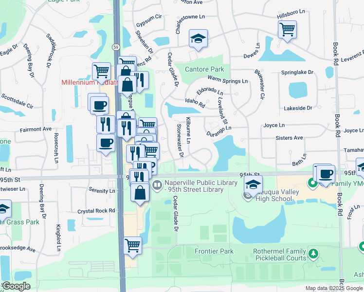 map of restaurants, bars, coffee shops, grocery stores, and more near 2928 Stonewater Drive in Naperville