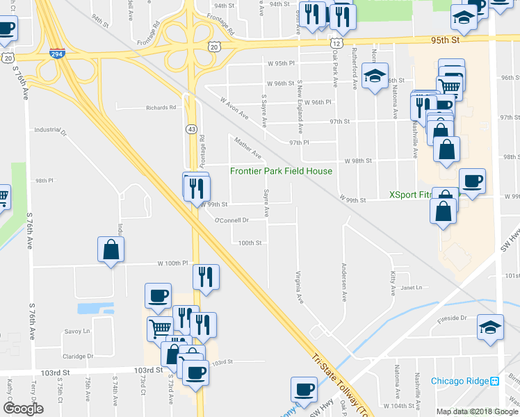 map of restaurants, bars, coffee shops, grocery stores, and more near 7009 West 99th Street in Chicago Ridge