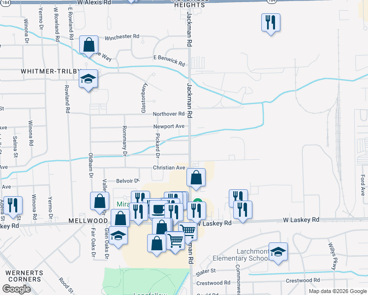 map of restaurants, bars, coffee shops, grocery stores, and more near 5257 Jackman Road in Toledo