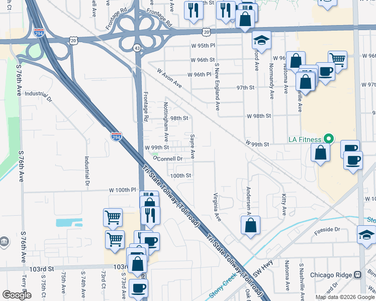 map of restaurants, bars, coffee shops, grocery stores, and more near 7010 West 99th Street in Chicago Ridge