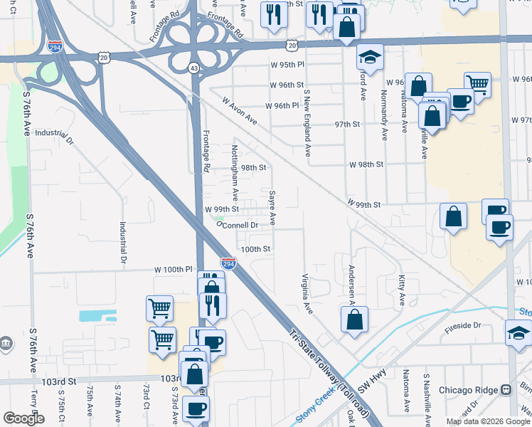 map of restaurants, bars, coffee shops, grocery stores, and more near 7009 West 99th Street in Chicago Ridge