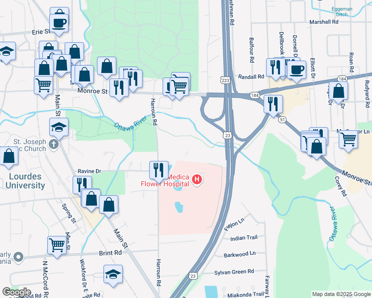 map of restaurants, bars, coffee shops, grocery stores, and more near 5350 Harroun Road in Sylvania