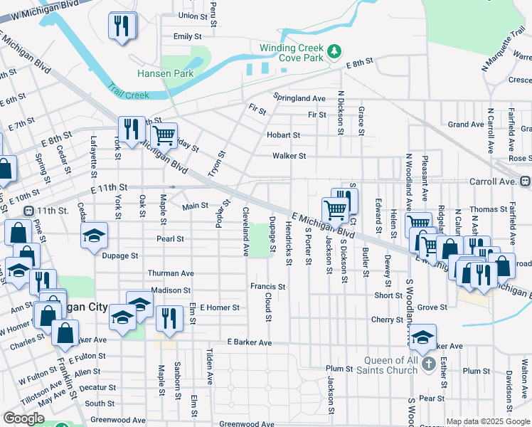 map of restaurants, bars, coffee shops, grocery stores, and more near 1201 East Michigan Boulevard in Michigan City