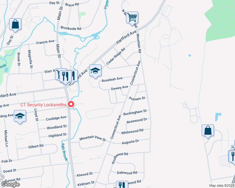 map of restaurants, bars, coffee shops, grocery stores, and more near 24 Miles Avenue in Newington