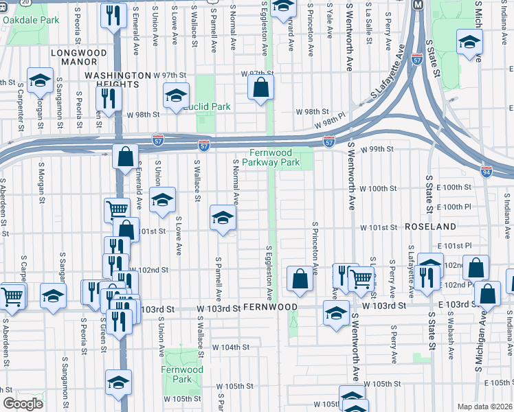 map of restaurants, bars, coffee shops, grocery stores, and more near 414 West 100th Place in Chicago