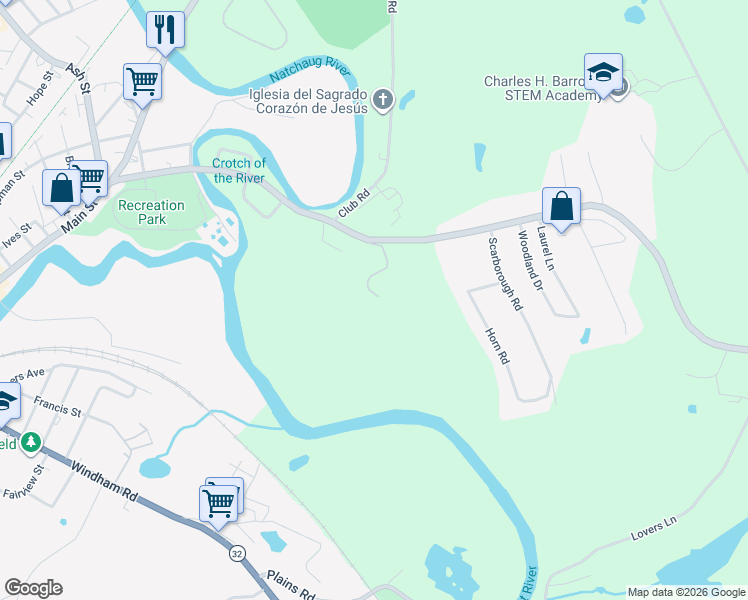 map of restaurants, bars, coffee shops, grocery stores, and more near 289 Brick Top Road in Windham