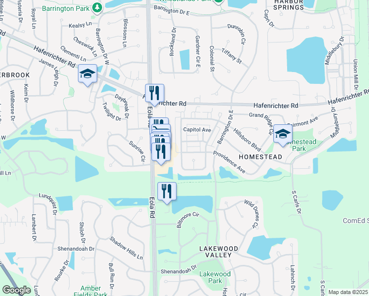 map of restaurants, bars, coffee shops, grocery stores, and more near 2527 Congress Avenue in Aurora