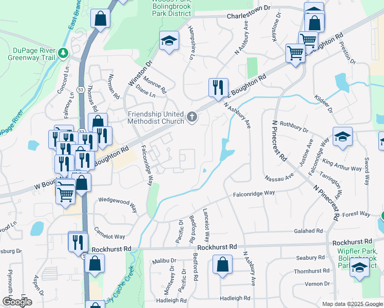 map of restaurants, bars, coffee shops, grocery stores, and more near 445 Degas Circle in Bolingbrook