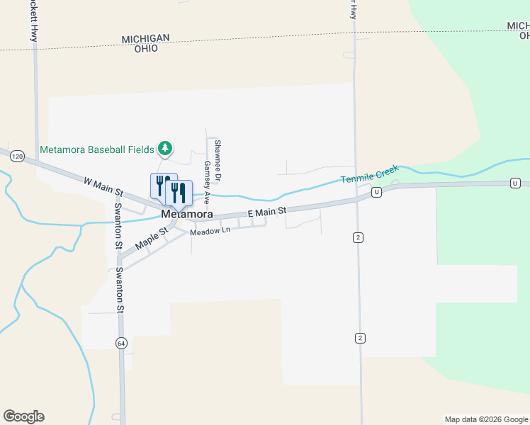 map of restaurants, bars, coffee shops, grocery stores, and more near 344 East Main Street in Metamora