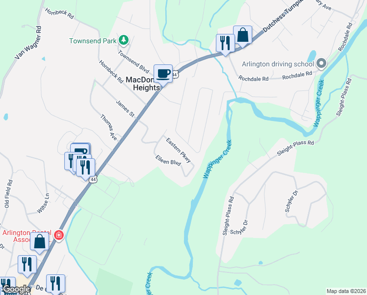 map of restaurants, bars, coffee shops, grocery stores, and more near 18 Eastern Parkway in Poughkeepsie
