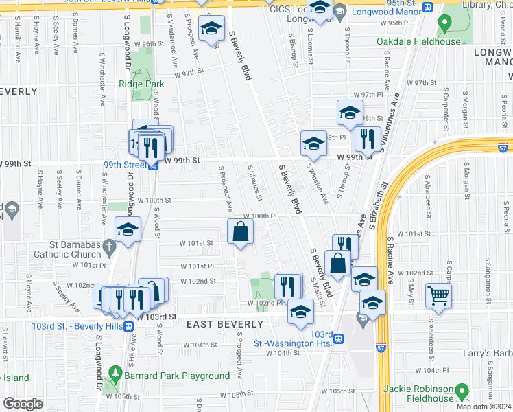 map of restaurants, bars, coffee shops, grocery stores, and more near 9978 South Charles Street in Chicago
