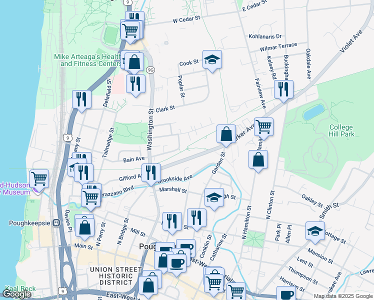 map of restaurants, bars, coffee shops, grocery stores, and more near 61 Parker Avenue in Poughkeepsie