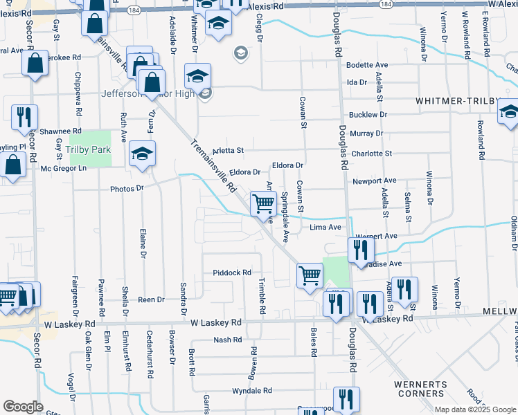 map of restaurants, bars, coffee shops, grocery stores, and more near 2748 Tremainsville Road in Toledo