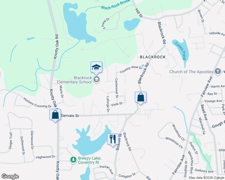 map of restaurants, bars, coffee shops, grocery stores, and more near 20 Laforge Drive in Coventry