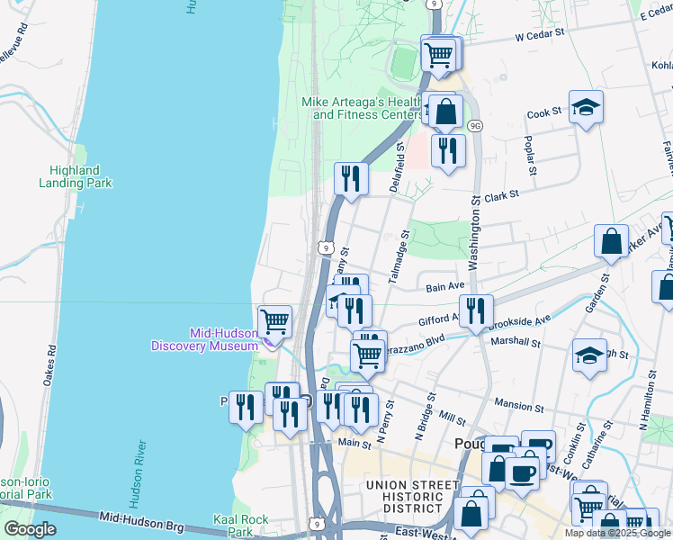 map of restaurants, bars, coffee shops, grocery stores, and more near 58 Albany Street in Poughkeepsie