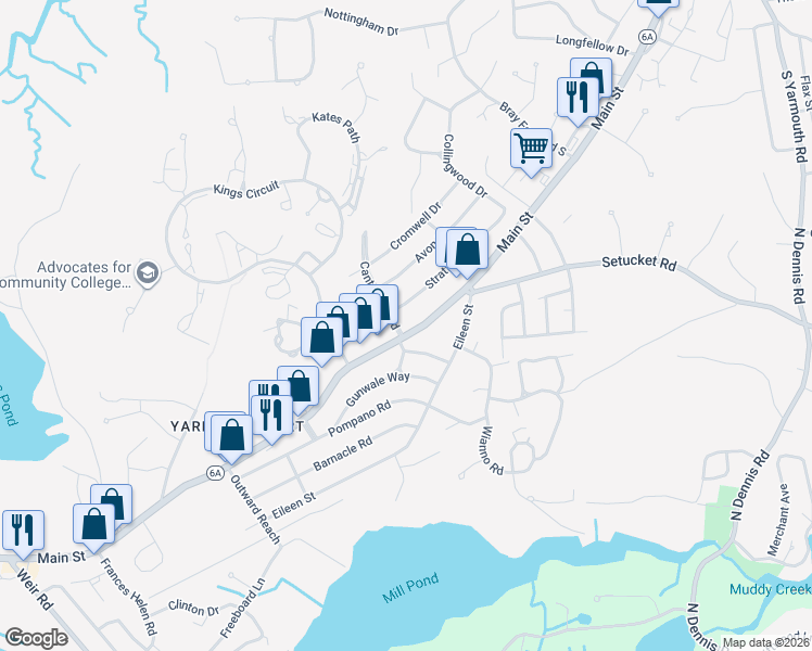 map of restaurants, bars, coffee shops, grocery stores, and more near 822 Massachusetts 6A in Yarmouth