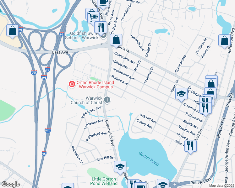 map of restaurants, bars, coffee shops, grocery stores, and more near 345 Thames Avenue in Warwick