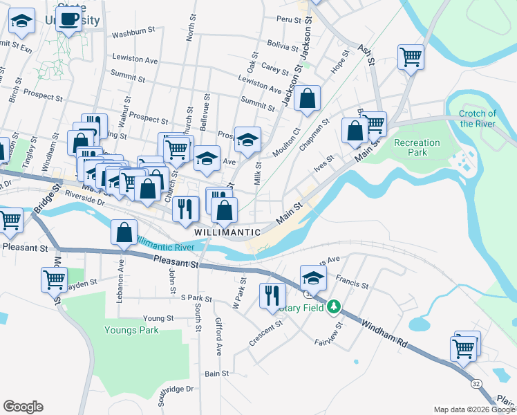 map of restaurants, bars, coffee shops, grocery stores, and more near 1933 Pulaski Court in Windham